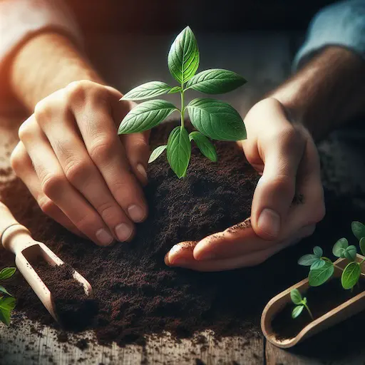 Imagen de una persona plantando plántulas en el suelo