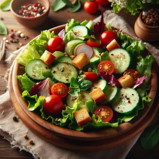 Imagen de una ensalada sobre una mesa rústica con ingredientes frescos